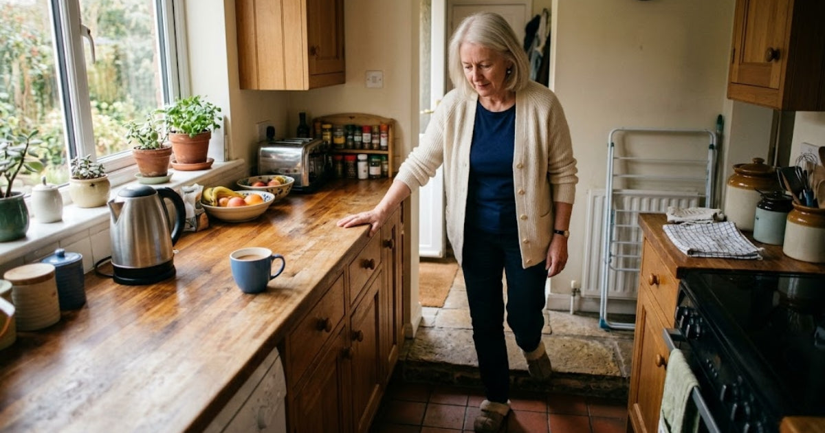Woman 60+ in a bright UK kitchen, hand steadying on the worktop as she steps down — natural stiff-knee gesture, not theatrical pain. Warm daylight, real home.