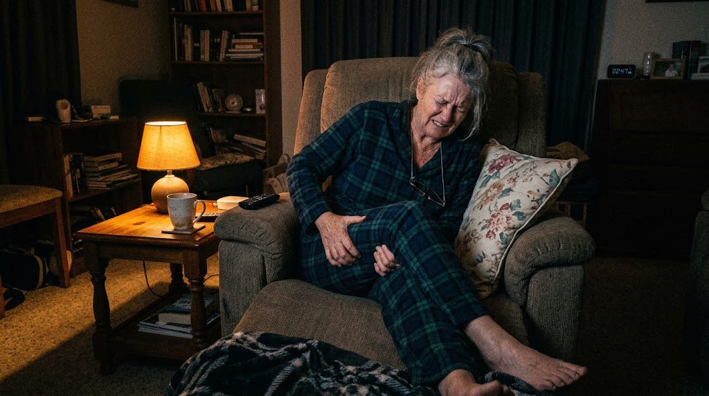 Woman awake at night in a recliner, in pain from her hip