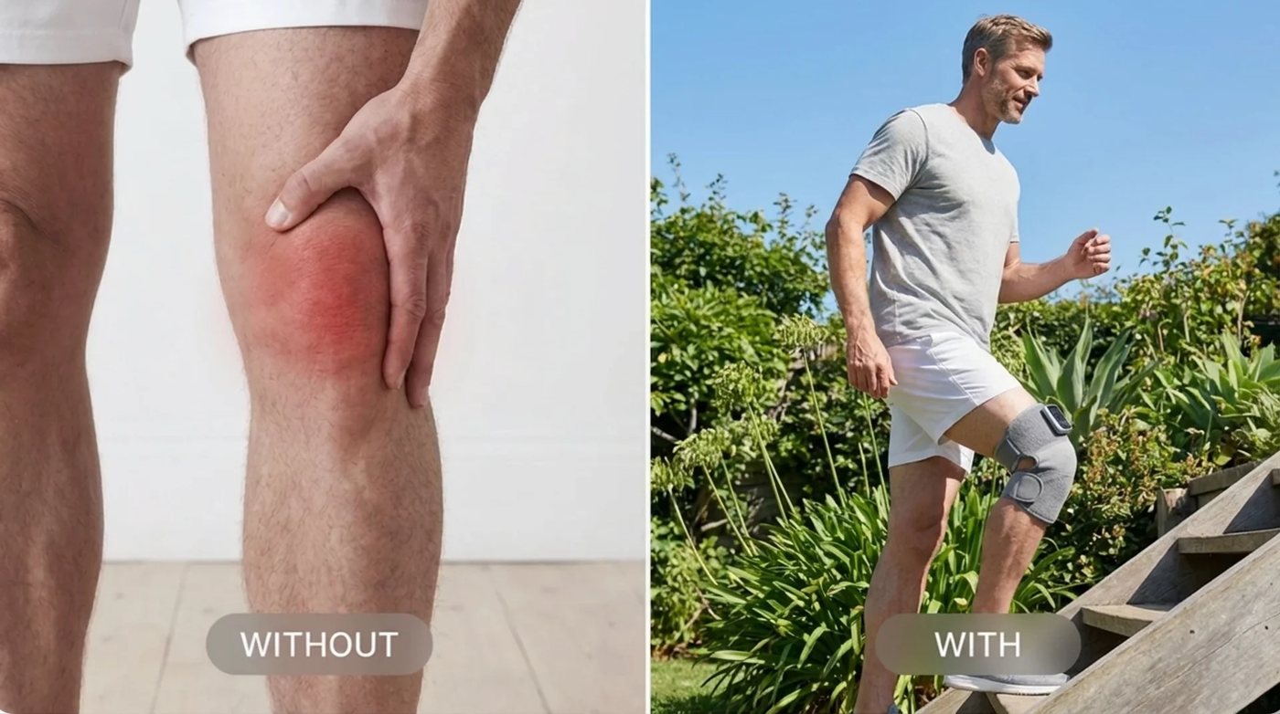 Swollen knee without the device next to a man climbing garden steps wearing Solva Knee