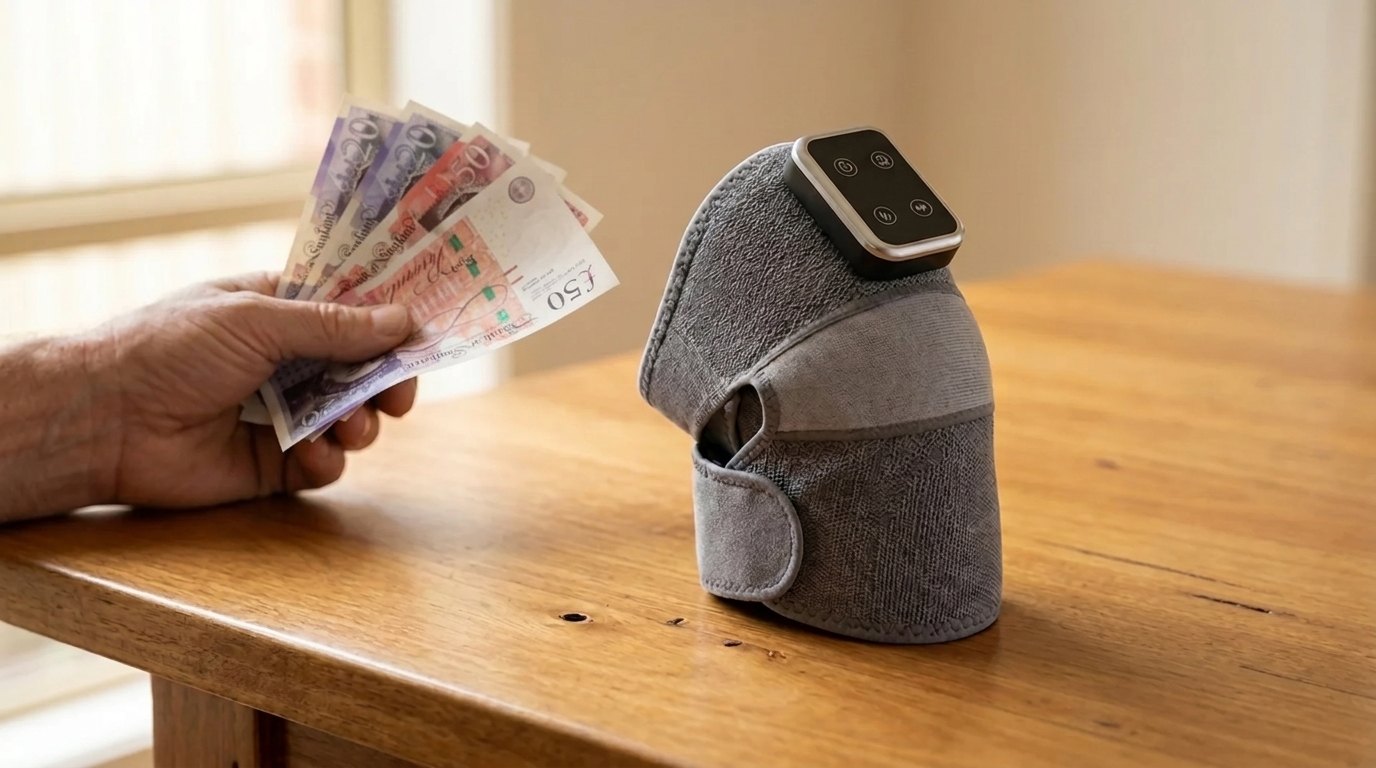 Hand holding £20 and £50 notes next to the Solva Knee device on a wooden table
