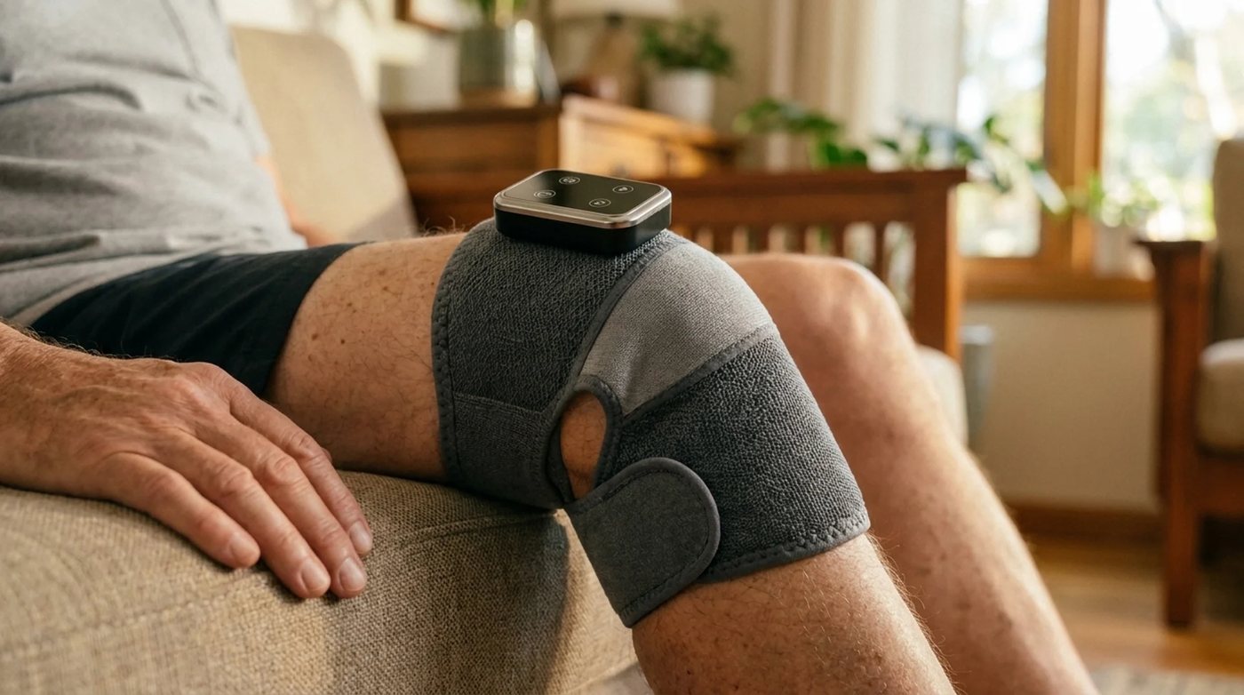 Man sitting on the sofa wearing Solva Knee on his knee