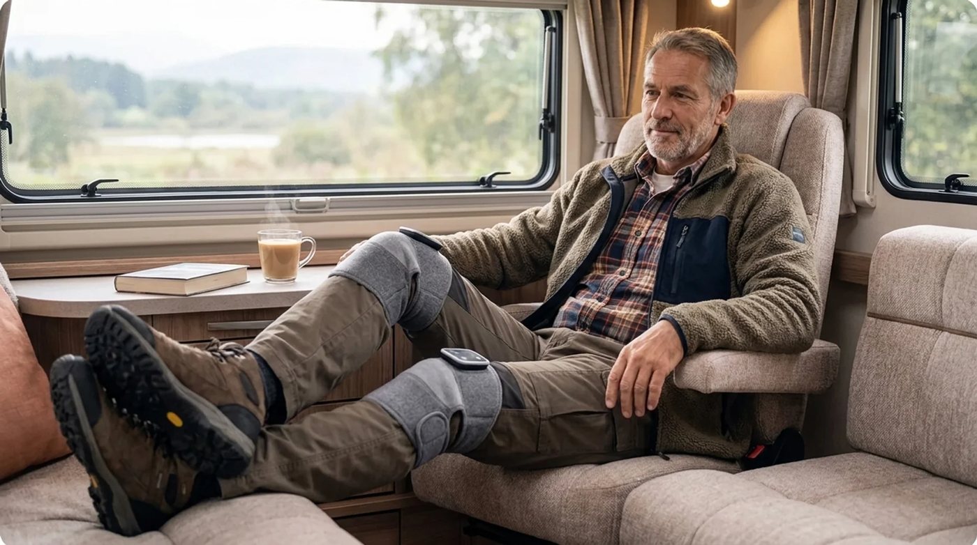 Man in a caravan wearing a Solva Knee on each knee