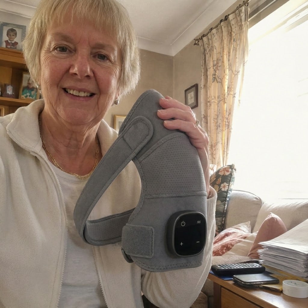 Customer holding the Solva Shoulder wrap