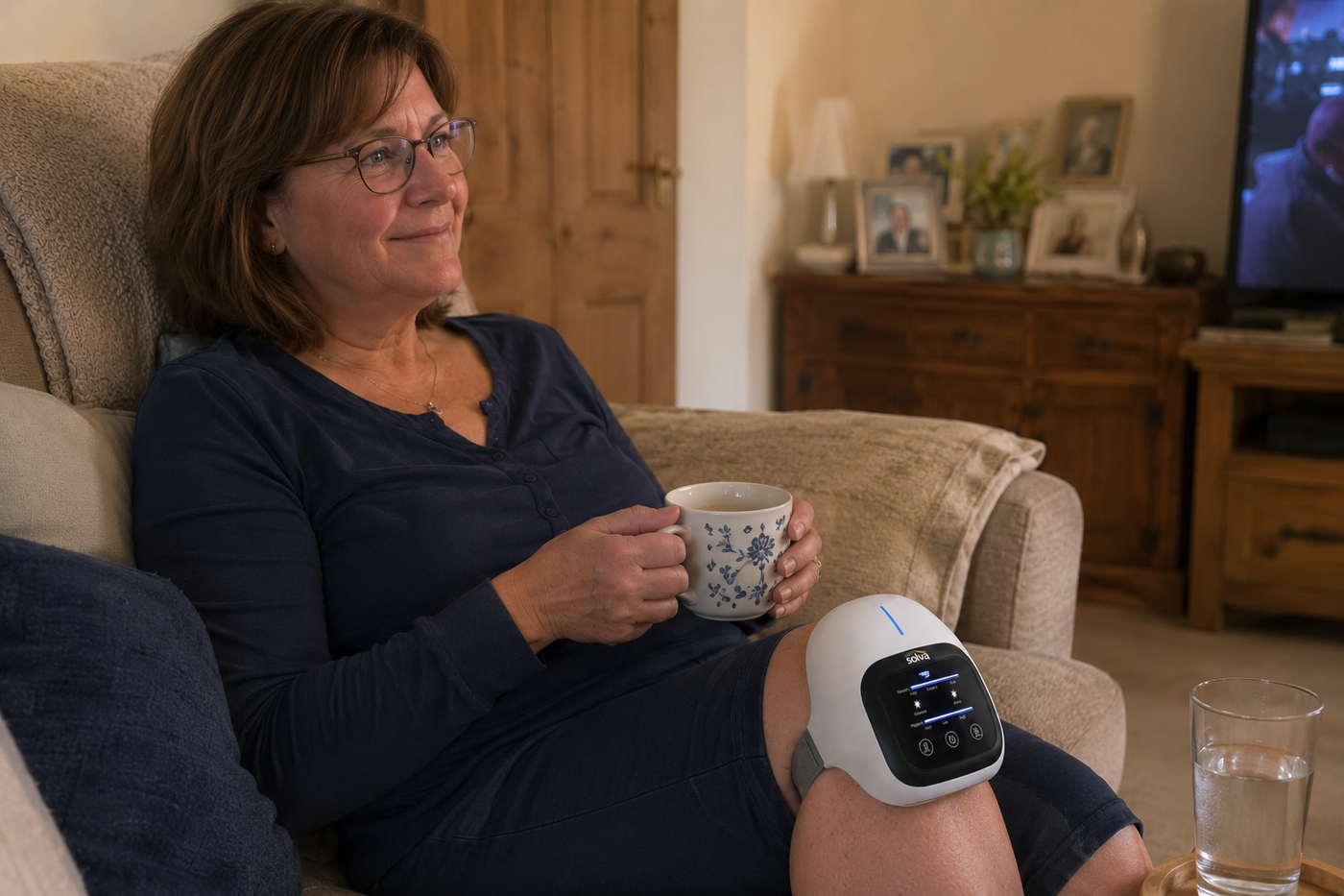 "Margaret" relaxed on a UK sofa, solva wrap on her knee, cup of tea in hand, telly in the background.