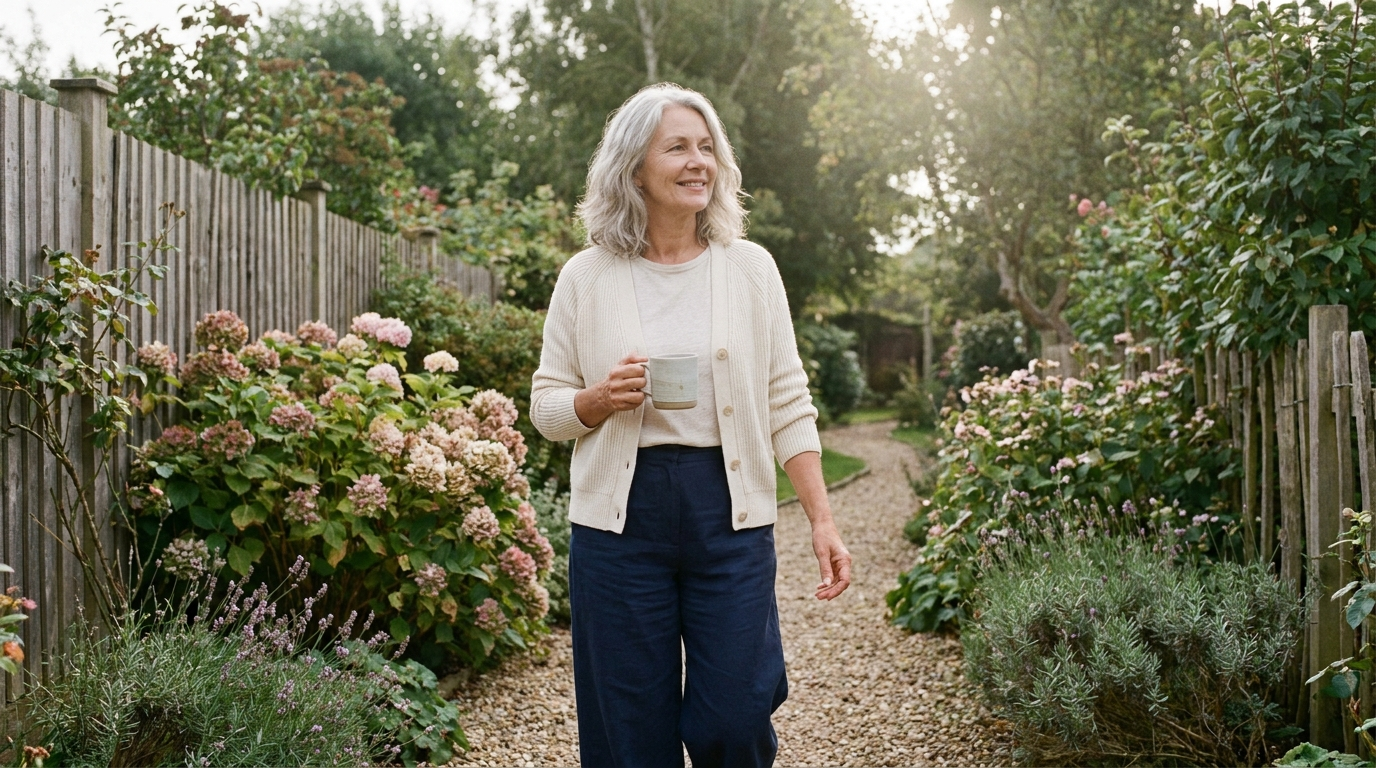 Person walking comfortably outdoors
