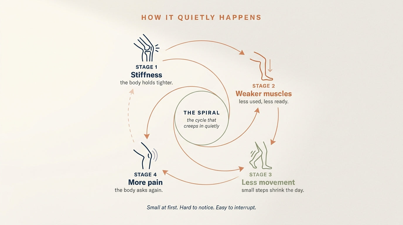 The spiral: stiffness, weaker muscles, less movement, more pain