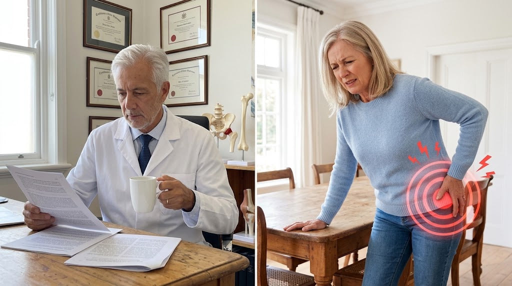 Surgeon reading research and a woman holding her painful hip