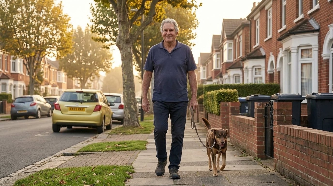 Man in his sixties walking his dog along a British residential street at sunset
