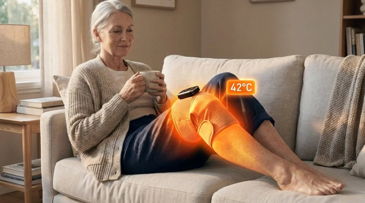 Woman relaxing on the sofa with a cup of tea while Solva Knee warms her knee at 42°C