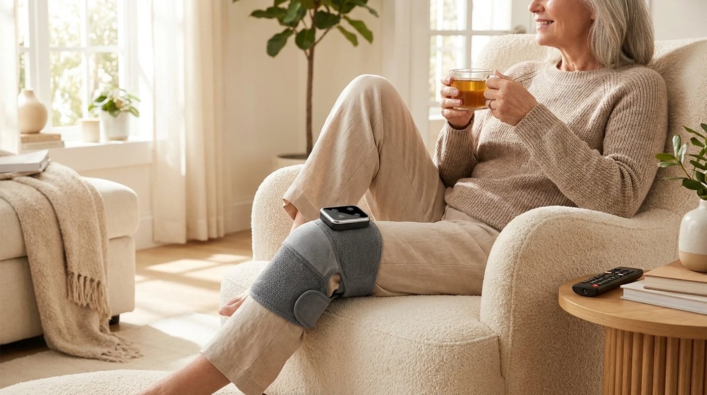 Woman in an armchair with a cup of tea wearing Solva Knee