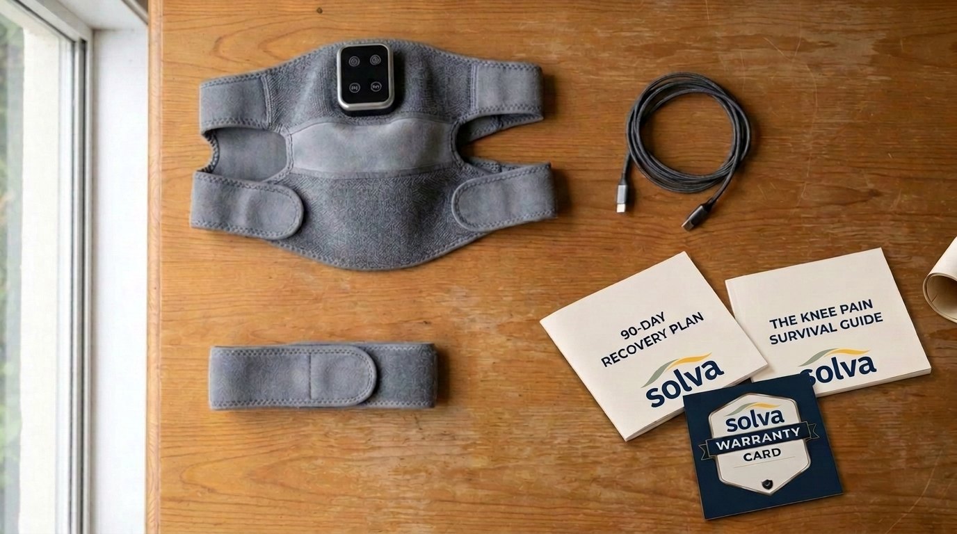 Everything in the box: Solva Knee wrap, extension strap, USB-C cable, recovery plan, survival guide and warranty card